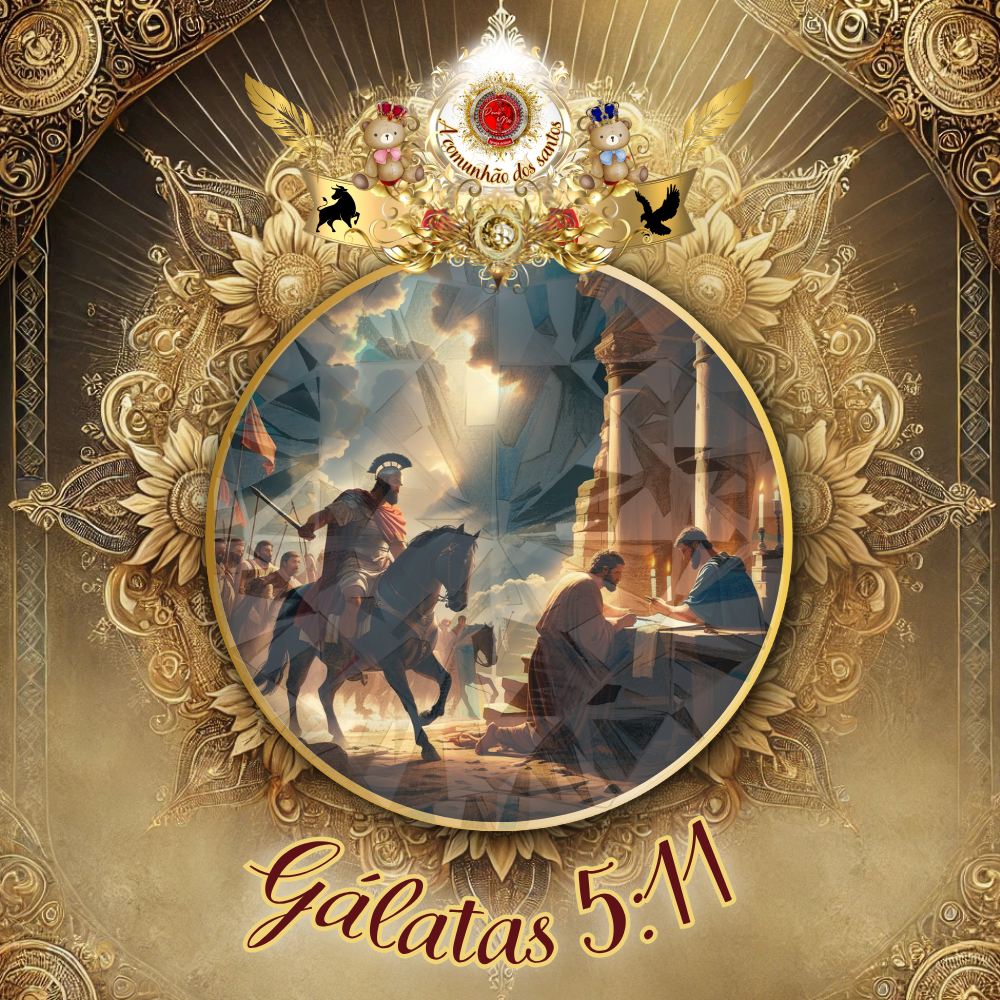 Imagem bíblica ornamentada com moldura dourada e arabescos, ao centro círculo com cena clássica de soldado romano a cavalo, liderando comitiva sob céu iluminado, enquanto à direita duas figuras estudam as Escrituras em colunas clássicas; à esquerda, rosto de Jesus com olhar compassivo; à direita, anjo com asas abertas em oração; abaixo, brasão com selo vermelho e inscrição "A comunhão dos santos", rodeado por símbolos cristãos.