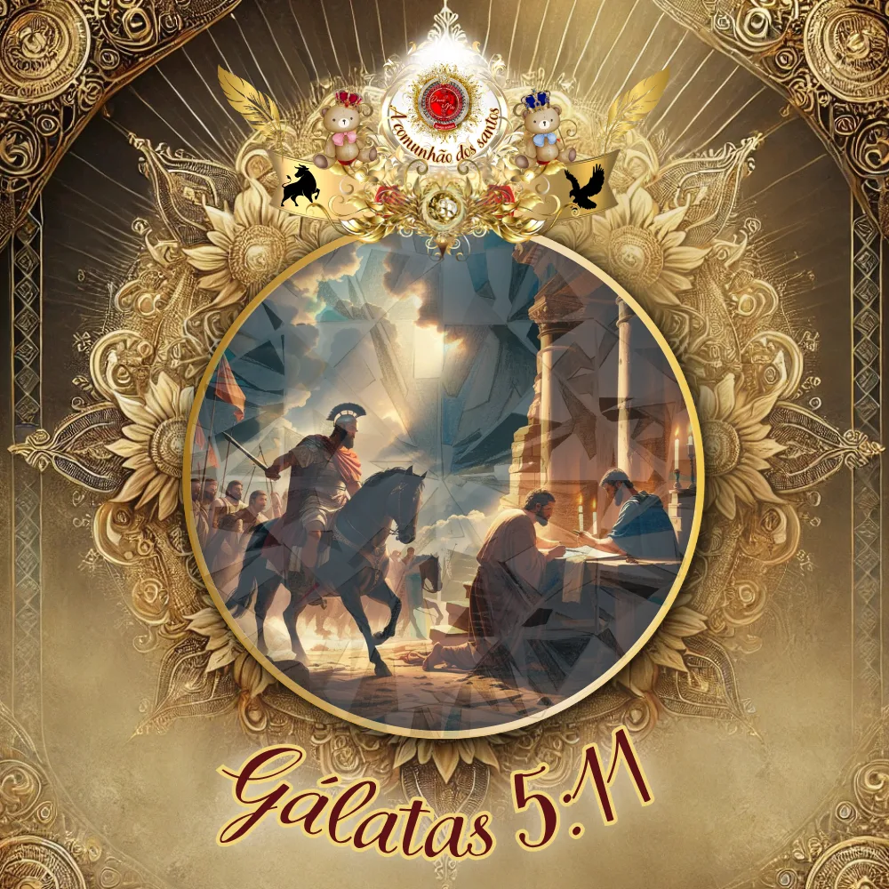 Imagem bíblica ornamentada com moldura dourada e arabescos, ao centro círculo com cena clássica de soldado romano a cavalo, liderando comitiva sob céu iluminado, enquanto à direita duas figuras estudam as Escrituras em colunas clássicas; à esquerda, rosto de Jesus com olhar compassivo; à direita, anjo com asas abertas em oração; abaixo, brasão com selo vermelho e inscrição "A comunhão dos santos", rodeado por símbolos cristãos.