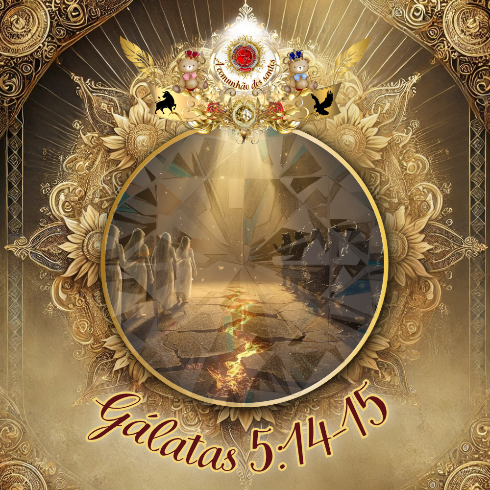 Arte cristã representando Gálatas 5:14-15 com Jesus, anjos e o caminho entre o amor e a destruição, destacando o mandamento de amar o próximo.