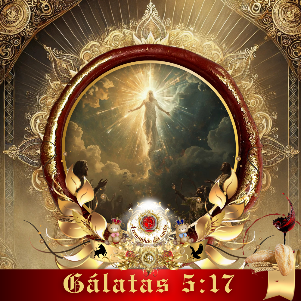 Imagem de estudo bíblico sobre Gálatas 5:17, com Jesus glorificado no centro irradiando luz, rodeado por anjos e pessoas olhando para Ele, simbolizando a vitória do Espírito sobre a carne.