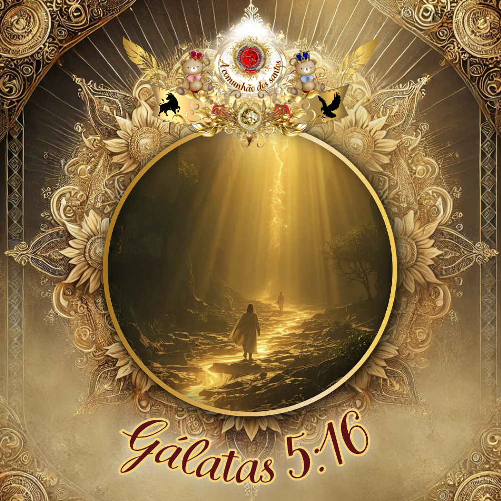 Imagem artística de Jesus à esquerda, com olhar compassivo, enquanto ao centro há um caminho dourado iluminado pela luz celestial, simbolizando andar no Espírito segundo Gálatas 5:16. Ao lado direito, um anjo ora em reverência, cercado por ornamentos dourados, flores e elementos celestiais.