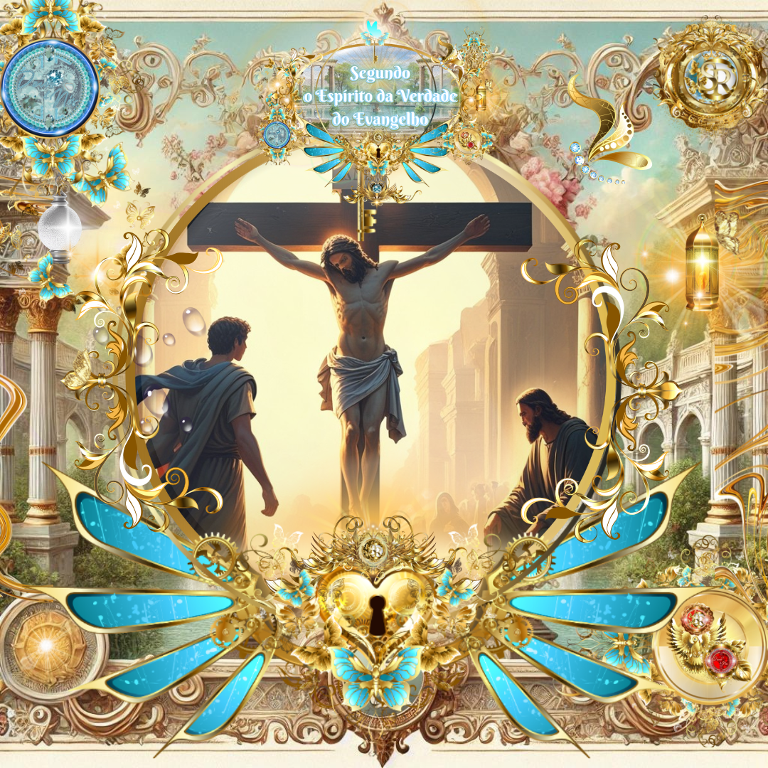 Imagem bíblica ornamentada com moldura dourada e arabescos florais azuis; ao centro, Jesus crucificado, iluminado por intensa luz celestial dourada, com dois homens próximos: à esquerda, um homem de costas, observando a cruz; à direita, outro homem ajoelhado, contemplando com reverência; ao fundo, arquitetura clássica com colunas e arcos; sobre a moldura, a inscrição "Segundo o Espírito da Verdade do Evangelho", adornada com flores, borboletas e elementos simbólicos cristãos.