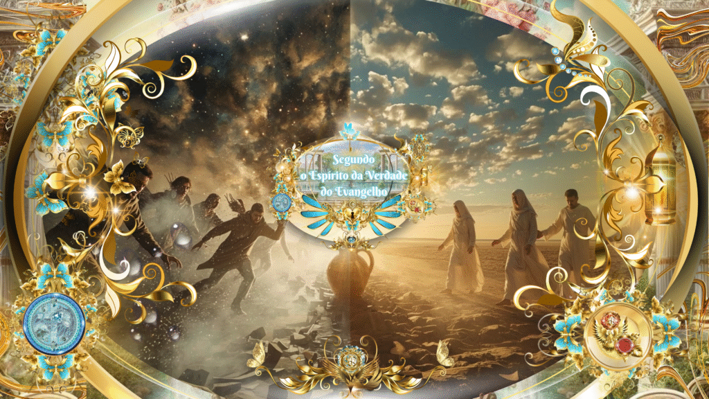 Ilustração espiritual de Gálatas 5:13 com contraste entre escravidão carnal e liberdade em Cristo, adornada com elementos celestiais em ouro e azul.