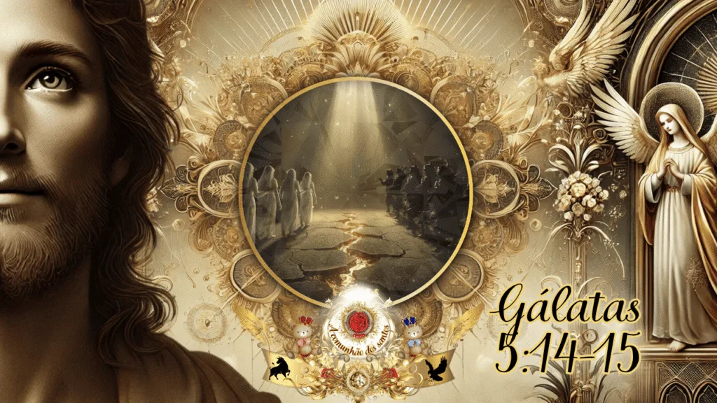 Arte cristã representando Gálatas 5:14-15 com Jesus, anjos e o caminho entre o amor e a destruição, destacando o mandamento de amar o próximo.