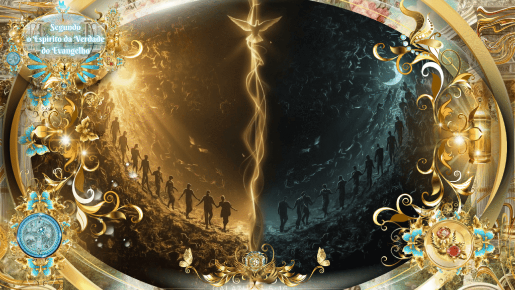Ilustração espiritual inspirada em Gálatas 5:16, retratando a oposição entre a carne e o Espírito, mas com um paralelo entre o antigo e o novo testamento, aqueles que estavam sob a luz da lua e do sol, respectivamente, pois Jesus só veio no Novo Testamento, e Ele é a Luz do mundo. As pessoas caminham em direções opostas sob a luz divina, envoltas por ornamentos celestiais e simbologia cristã.
