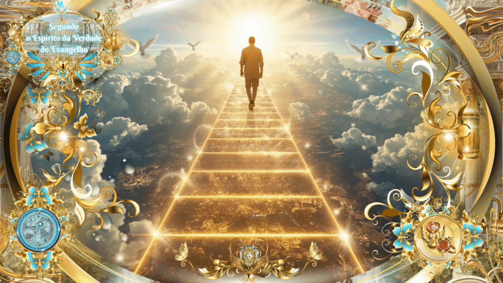 Homem caminhando por uma escada dourada celestial em direção à luz de Deus, cercado por nuvens e detalhes ornamentais com borboletas e símbolos cristãos.