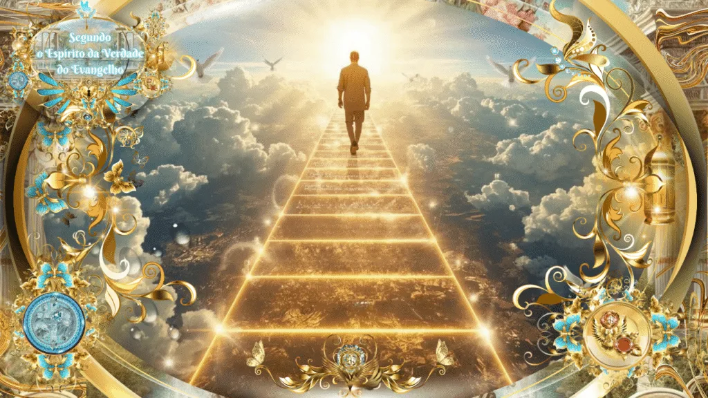 Homem caminhando por uma escada dourada celestial em direção à luz de Deus, cercado por nuvens e detalhes ornamentais com borboletas e símbolos cristãos.