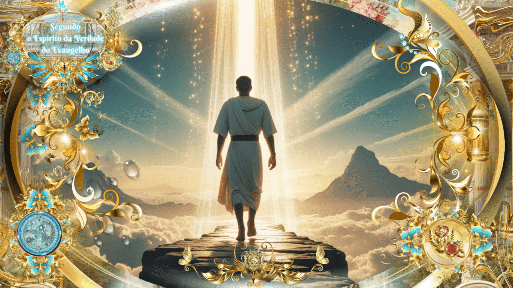 Homem caminhando por uma ponte celestial rumo à luz divina, cercado por nuvens e ornamentos dourados e azuis, simbolizando a condução do Espírito da Verdade segundo o Evangelho.