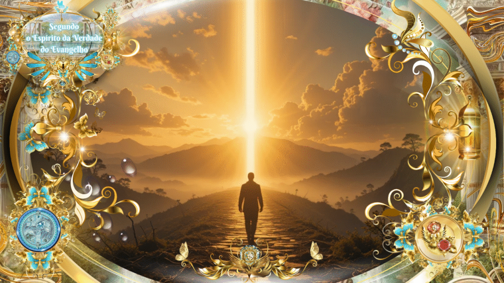 Homem caminhando por um caminho elevado em direção a uma luz celestial dourada, cercado por montanhas, nuvens e ornamentos dourados com detalhes em azul, simbolizando a caminhada segundo o Espírito da Verdade do Evangelho.