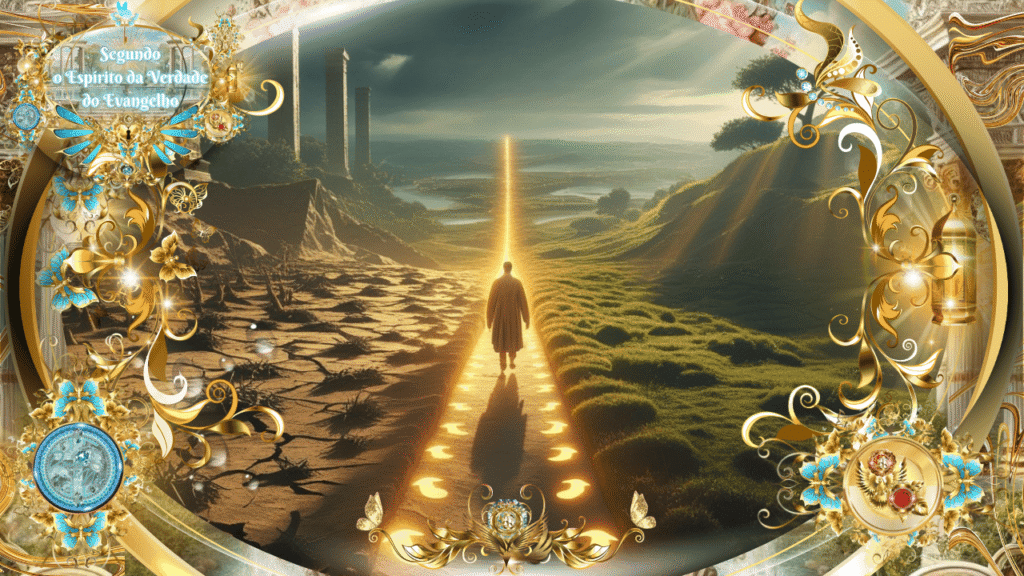 Homem caminhando por um caminho dourado de luz que divide um lado árido e seco (a carne) de um lado verde e fértil (o Espírito), simbolizando andar segundo o Espírito da Verdade do Evangelho, cercado por molduras douradas, flores celestes e ornamentos espirituais.