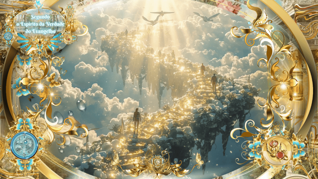 Pessoas caminhando por um caminho dourado suspenso entre as nuvens, iluminado pela luz celestial, com aves voando e rodeado por molduras douradas e elementos espirituais que representam a caminhada segundo o Espírito da Verdade do Evangelho.