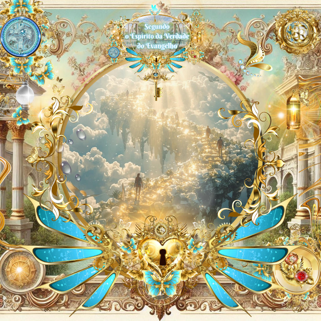 Pessoas caminhando por um caminho dourado suspenso entre as nuvens, iluminado pela luz celestial, com aves voando e rodeado por molduras douradas e elementos espirituais que representam a caminhada segundo o Espírito da Verdade do Evangelho.