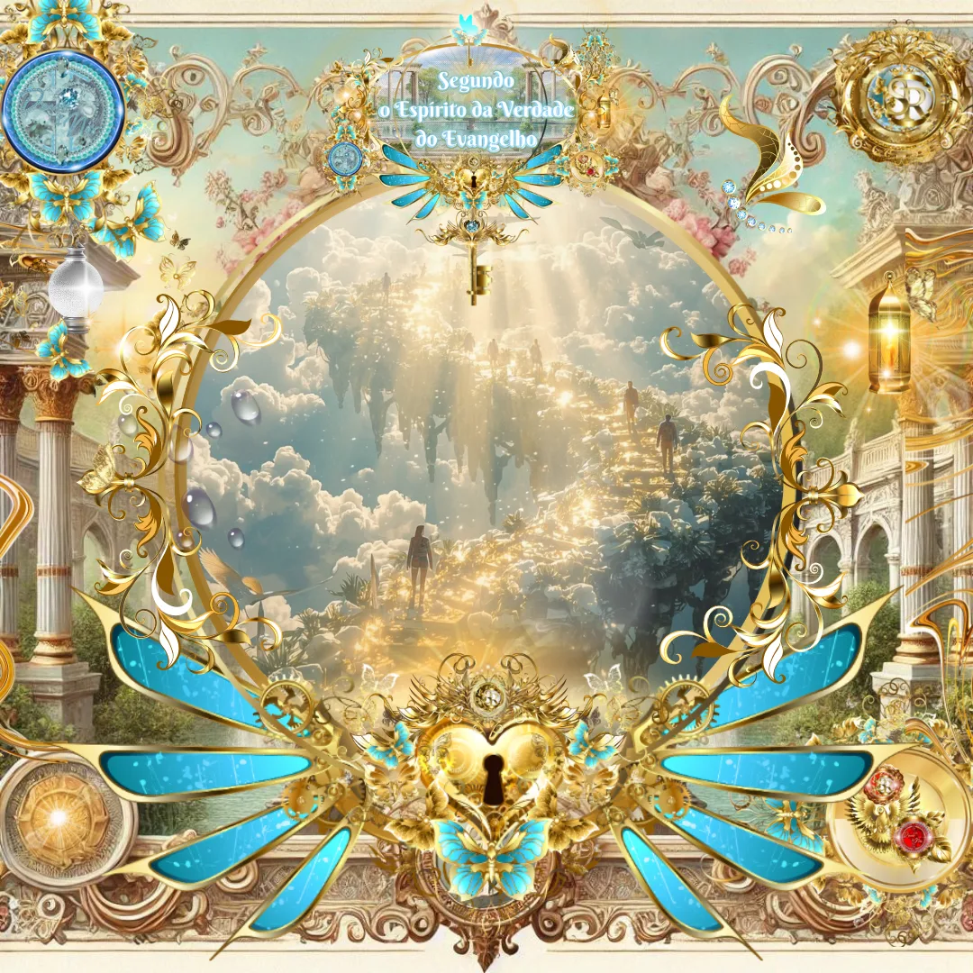 Pessoas caminhando por um caminho dourado suspenso entre as nuvens, iluminado pela luz celestial, com aves voando e rodeado por molduras douradas e elementos espirituais que representam a caminhada segundo o Espírito da Verdade do Evangelho.