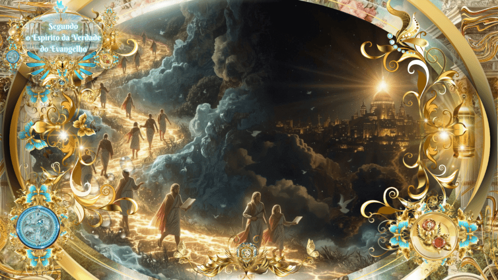 Pessoas vestidas com túnicas brancas caminham por um caminho de luz dourada que sobe entre nuvens, levando à cidade celestial iluminada no horizonte, representando a jornada espiritual segundo o Espírito da Verdade do Evangelho.