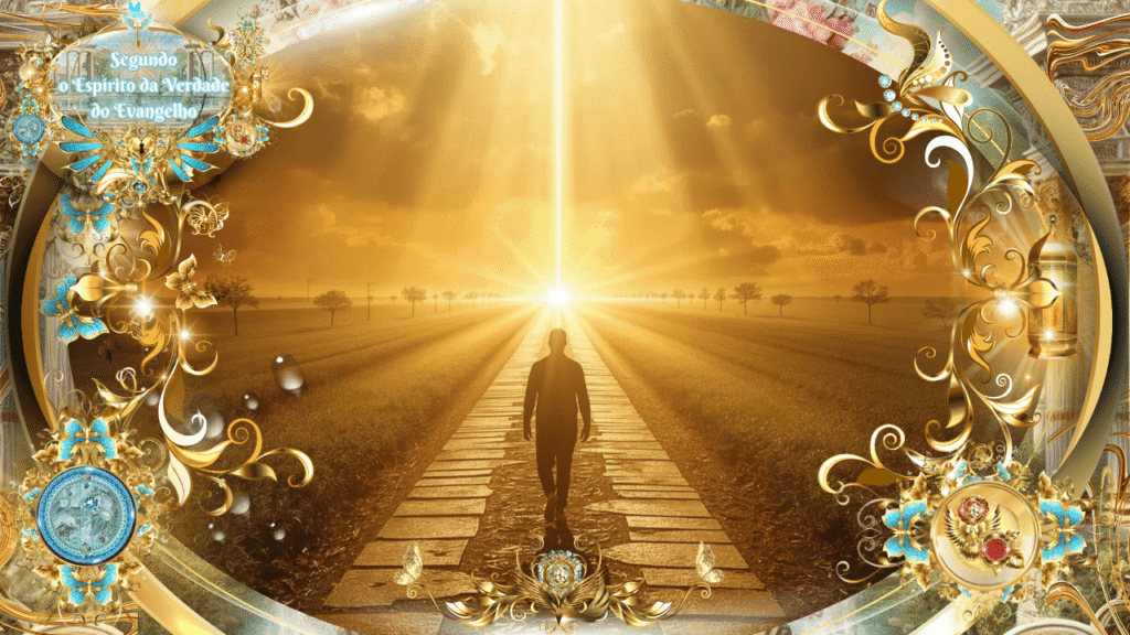 Pessoa caminhando por um caminho de pedras douradas iluminado pela luz celestial, que se abre como um portal no horizonte, simbolizando a direção segundo o Espírito da Verdade do Evangelho.