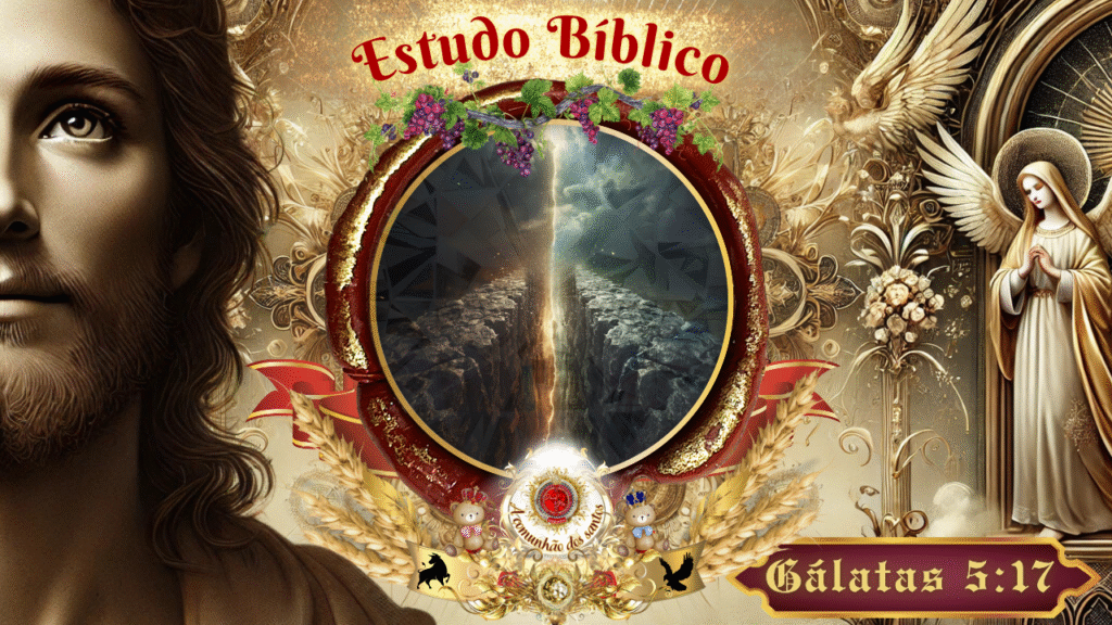 Imagem ilustrativa do Estudo Bíblico em Gálatas 5:17 mostrando uma fenda aberta entre dois caminhos, simbolizando a oposição entre a carne e o Espírito, com elementos celestiais ao redor.