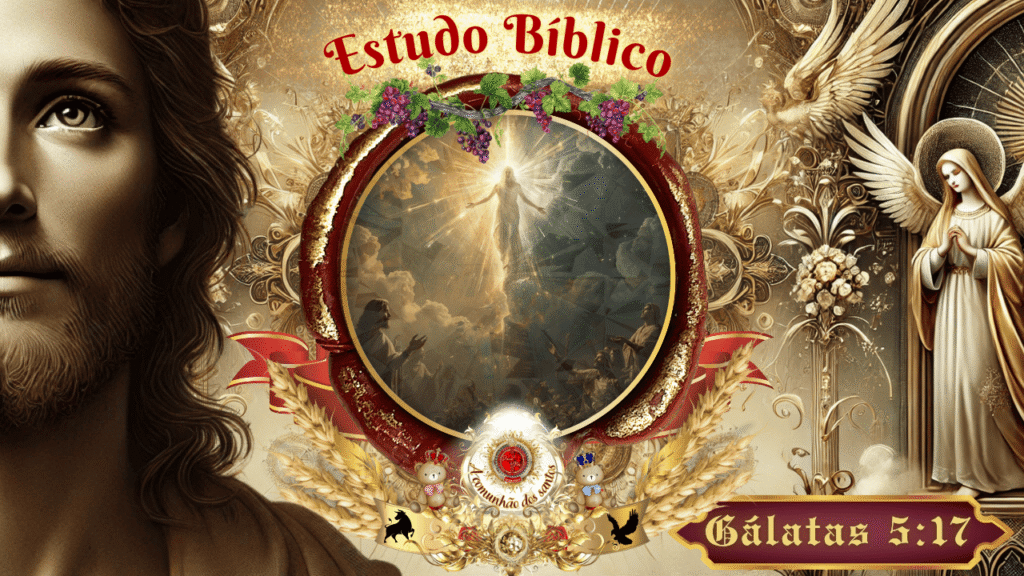 Imagem de estudo bíblico sobre Gálatas 5:17, com Jesus glorificado no centro irradiando luz, rodeado por anjos e pessoas olhando para Ele, simbolizando a vitória do Espírito sobre a carne.