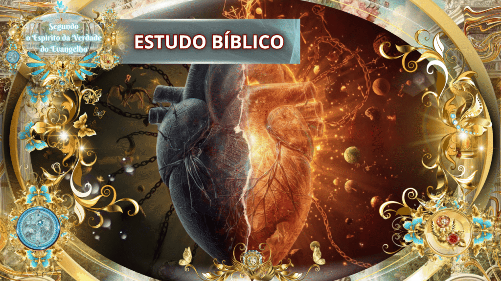 Coração dividido entre trevas e luz, simbolizando a luta entre a carne e o Espírito com ornamentos dourados e celestiais ao redor.