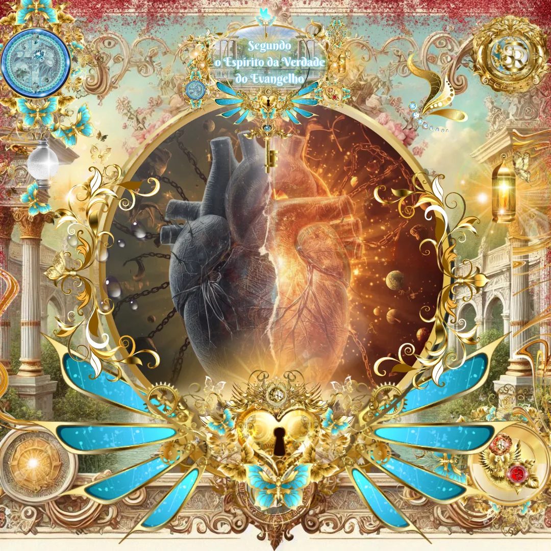 Coração dividido entre trevas e luz, simbolizando a luta entre a carne e o Espírito com ornamentos dourados e celestiais ao redor.