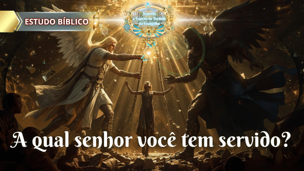 Homem sendo disputado por um anjo e uma criatura sombria, sob intensa luz celestial, representando a escolha espiritual entre o bem e o mal.