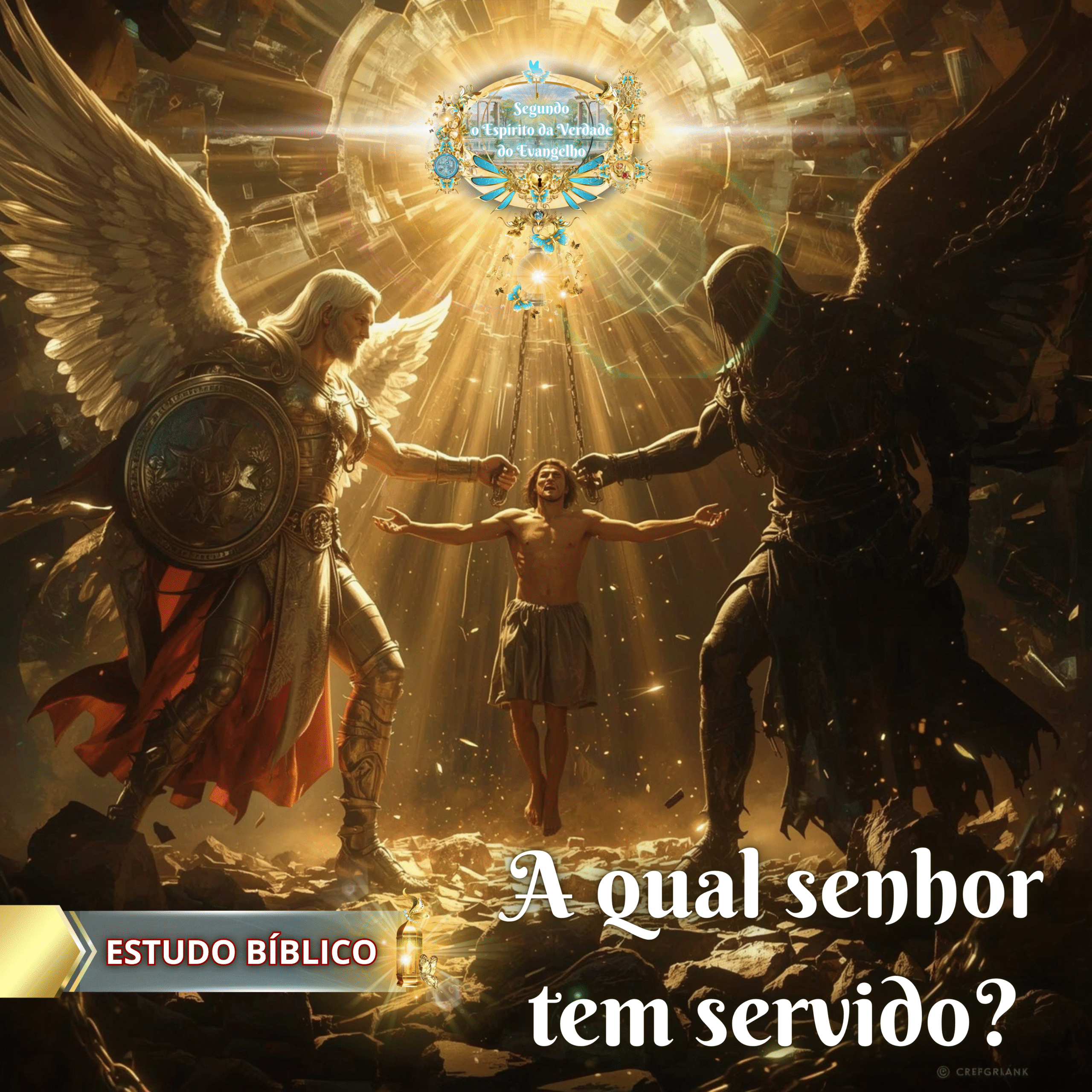 Homem sendo disputado por um anjo e uma criatura sombria, sob intensa luz celestial, representando a escolha espiritual entre o bem e o mal.