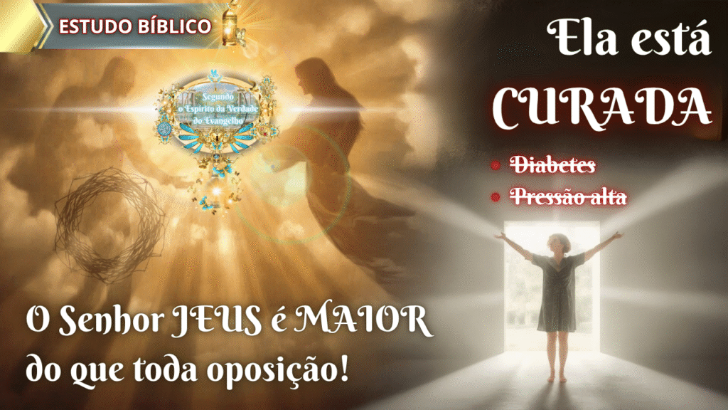 Mulher curada se alegra à porta iluminada, com Jesus ao fundo em luz gloriosa, e a mensagem: “Ela está curada de diabetes e pressão alta. O Senhor Jesus é maior do que toda oposição!”.