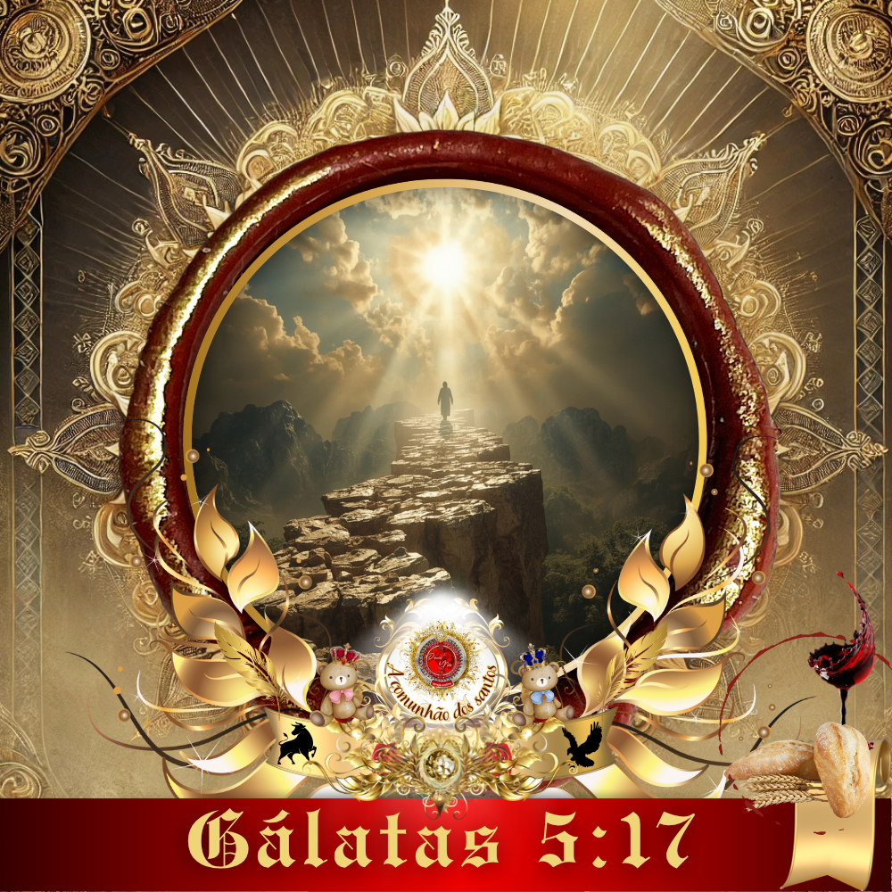 Imagem espiritual com figura de Jesus à esquerda, uma figura solitária caminhando sobre um caminho elevado em direção à luz celestial ao centro, e anjos gloriosos à direita, com elementos dourados e a inscrição “Gálatas 5:17”.