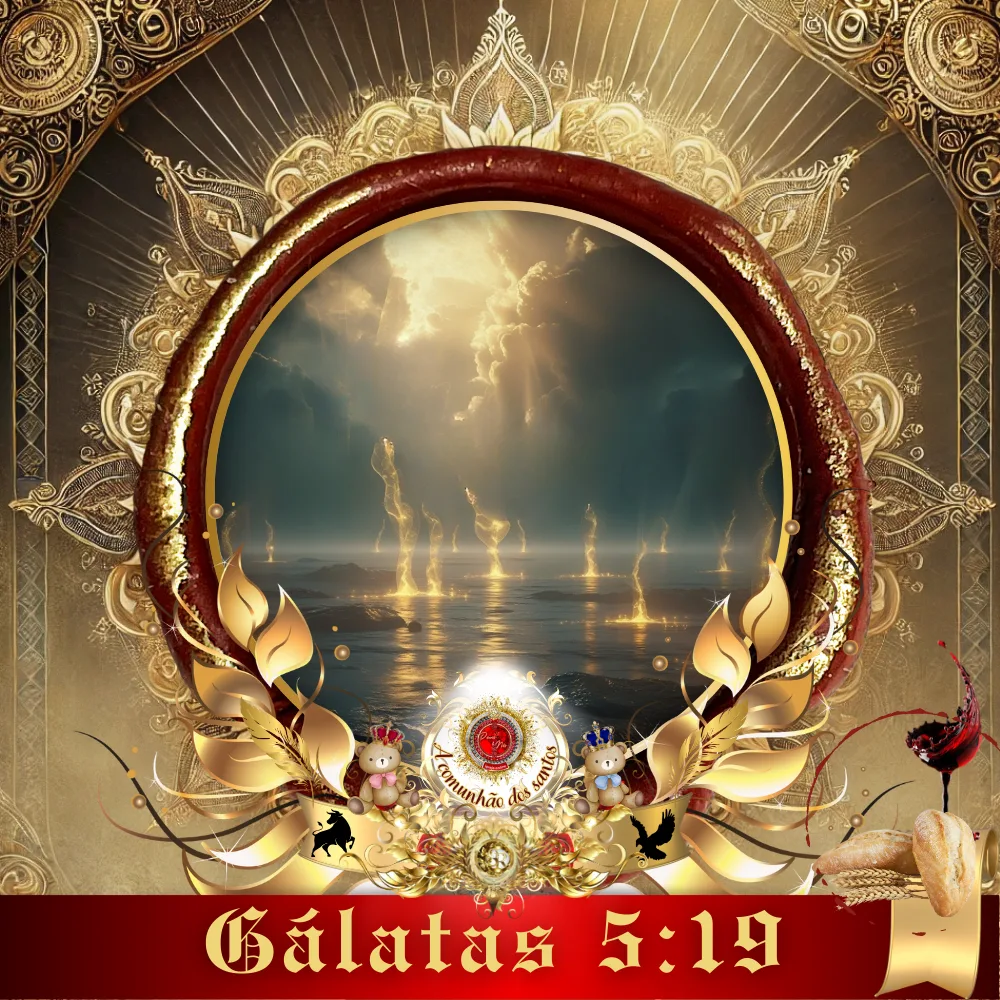 Imagem de estudo bíblico com representação simbólica de um caminho de pedras em direção à luz divina, cercado por elementos celestiais e com destaque ao versículo Gálatas 5:19.