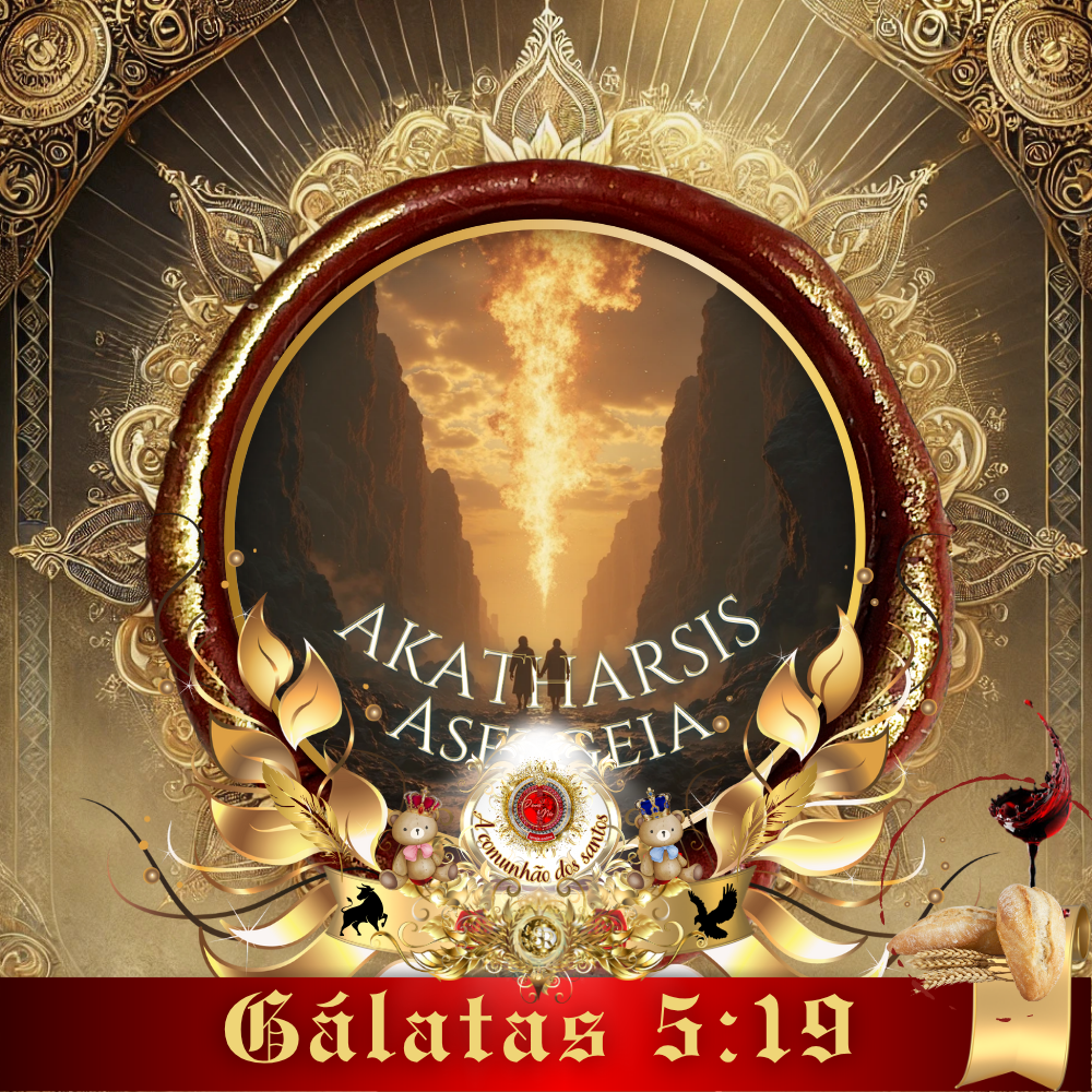 Imagem cristã com Jesus, anjos e símbolos bíblicos representando "Akatharsis" e "Aselgeia" conforme Gálatas 5:19.