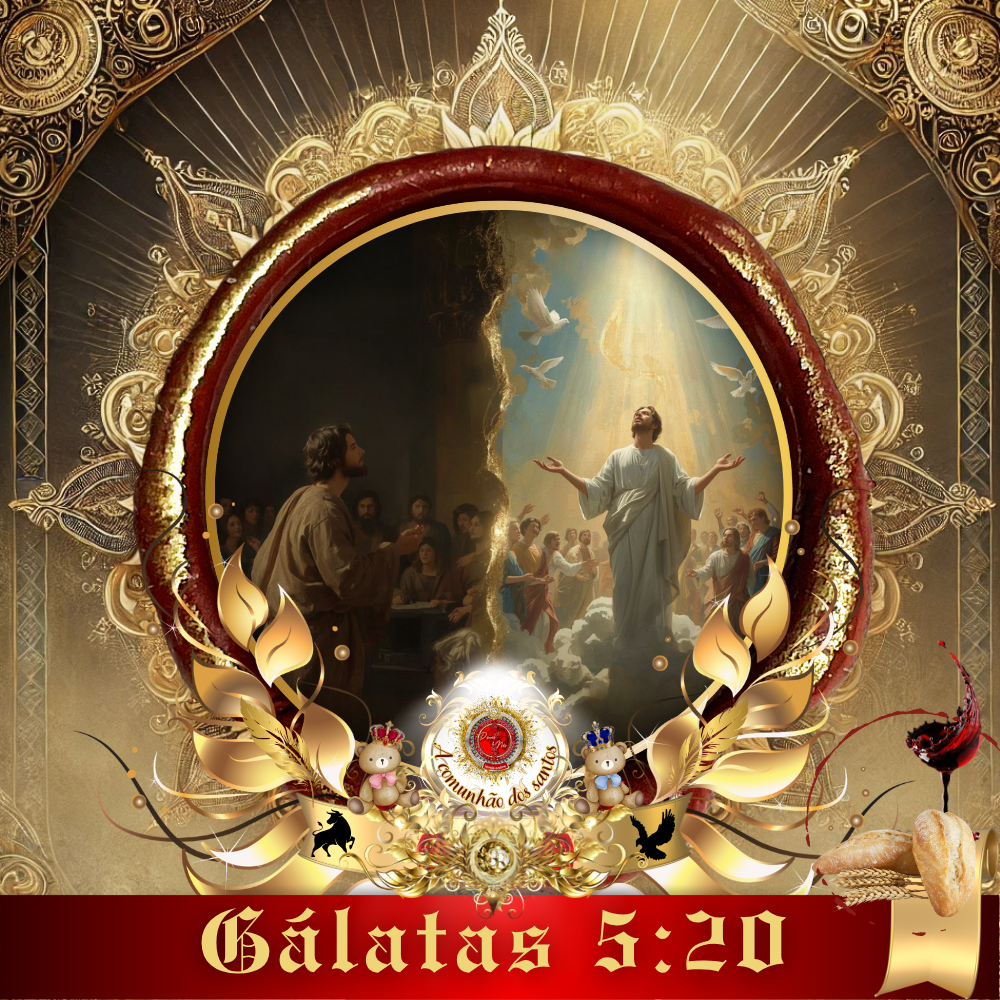 Imagem cristã com Jesus ao centro, luz celestial, anjos e fiéis em adoração, ilustrando o culto online da Deus e Nós Igreja Online com base em Gálatas 5:20.