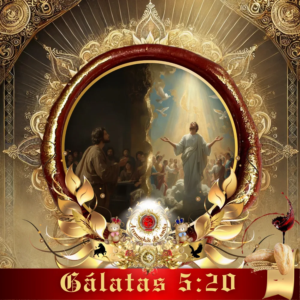 Imagem cristã com Jesus ao centro, luz celestial, anjos e fiéis em adoração, ilustrando o culto online da Deus e Nós Igreja Online com base em Gálatas 5:20.