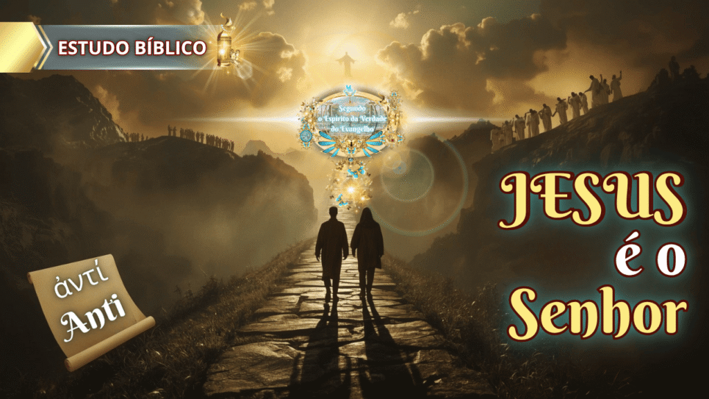 Duas pessoas caminham por um caminho iluminado, entre colinas com figuras espirituais, enquanto ao fundo se revela uma imagem gloriosa de Jesus Cristo. A imagem contém a frase “JESUS é o Senhor” e os termos gregos “ἀντί” (anti) ao lado.