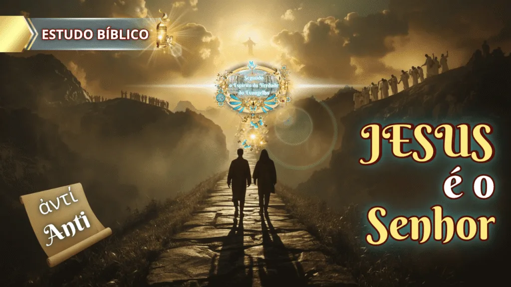 Duas pessoas caminham por um caminho iluminado, entre colinas com figuras espirituais, enquanto ao fundo se revela uma imagem gloriosa de Jesus Cristo. A imagem contém a frase “JESUS é o Senhor” e os termos gregos “ἀντί” (anti) ao lado.
