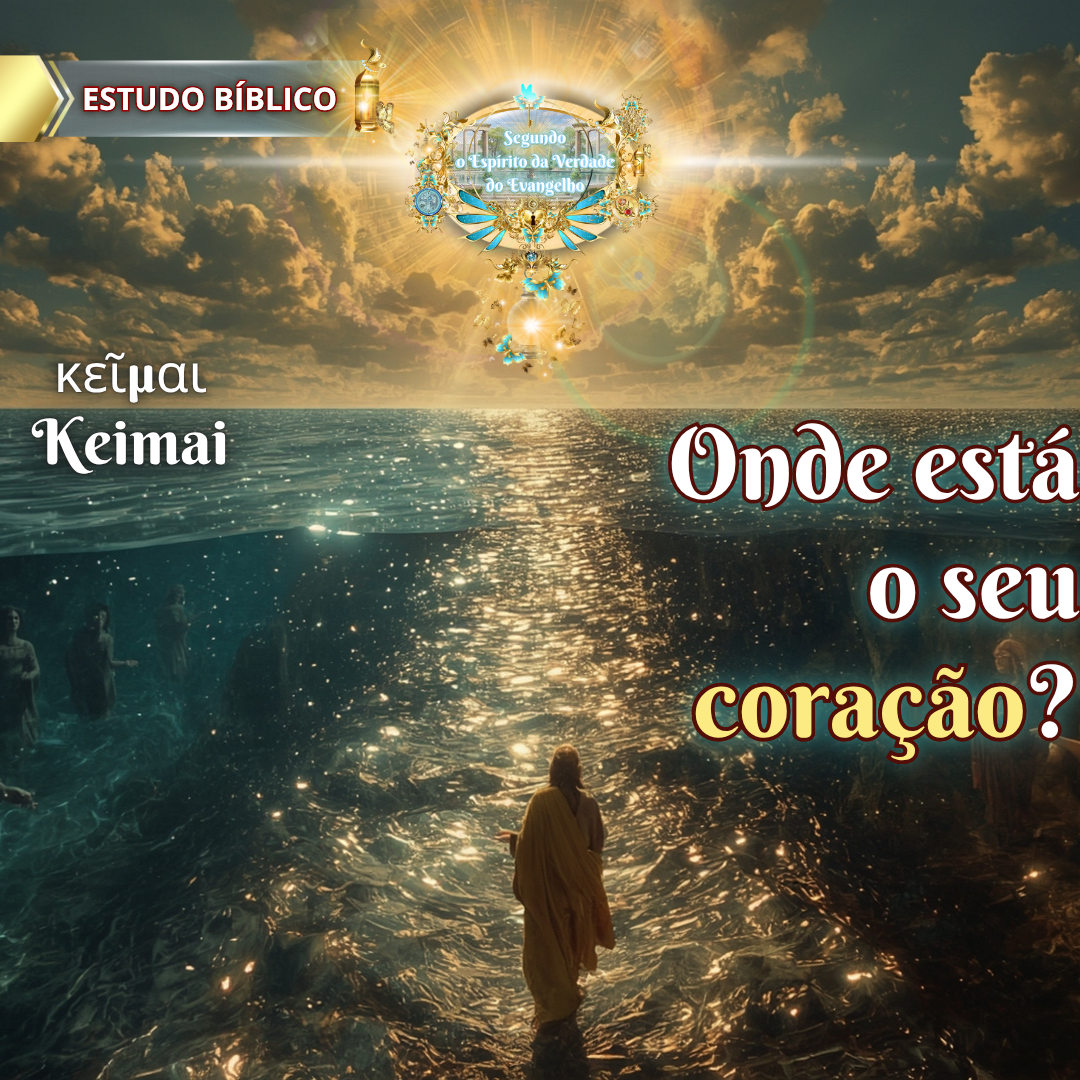 Jesus à beira de um mar dividido, com pessoas submersas em águas espirituais, refletindo o conflito interior entre carne e Espírito, conforme Gálatas 5:17 e o termo grego "keimai".