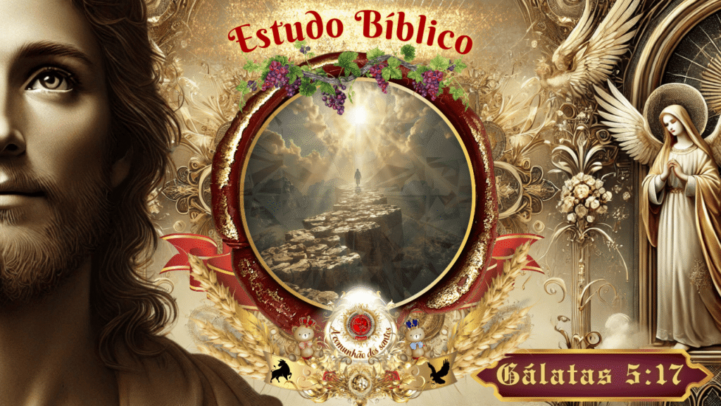 Imagem espiritual com figura de Jesus à esquerda, uma figura solitária caminhando sobre um caminho elevado em direção à luz celestial ao centro, e anjos gloriosos à direita, com elementos dourados e a inscrição “Gálatas 5:17”.