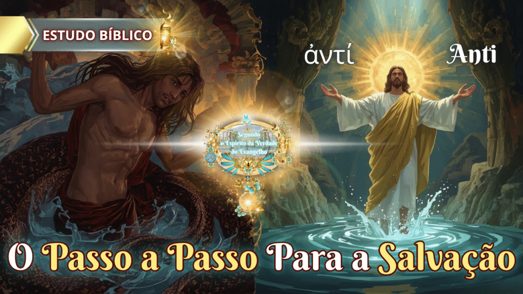Jesus ressurreto surge vitorioso sobre as águas, contrastando com uma figura aprisionada por uma serpente no mar, sob o tema “O Passo a Passo Para a Salvação”.