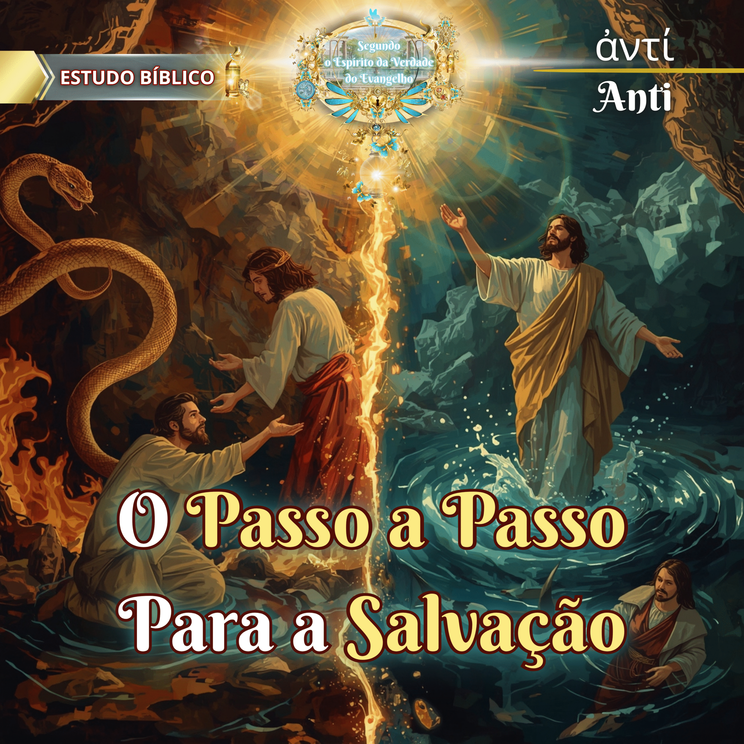 Jesus ressurreto surge vitorioso sobre as águas, contrastando com uma figura aprisionada por uma serpente no mar, sob o tema “O Passo a Passo Para a Salvação”.