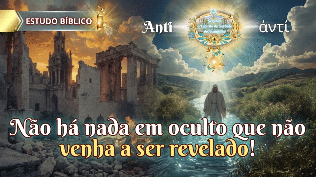 Jesus iluminado caminha sobre um rio entre ruínas antigas e uma paisagem verdejante, representando a revelação divina sobre o que está oculto, com destaque para as palavras "Anti" e "ἀντί".