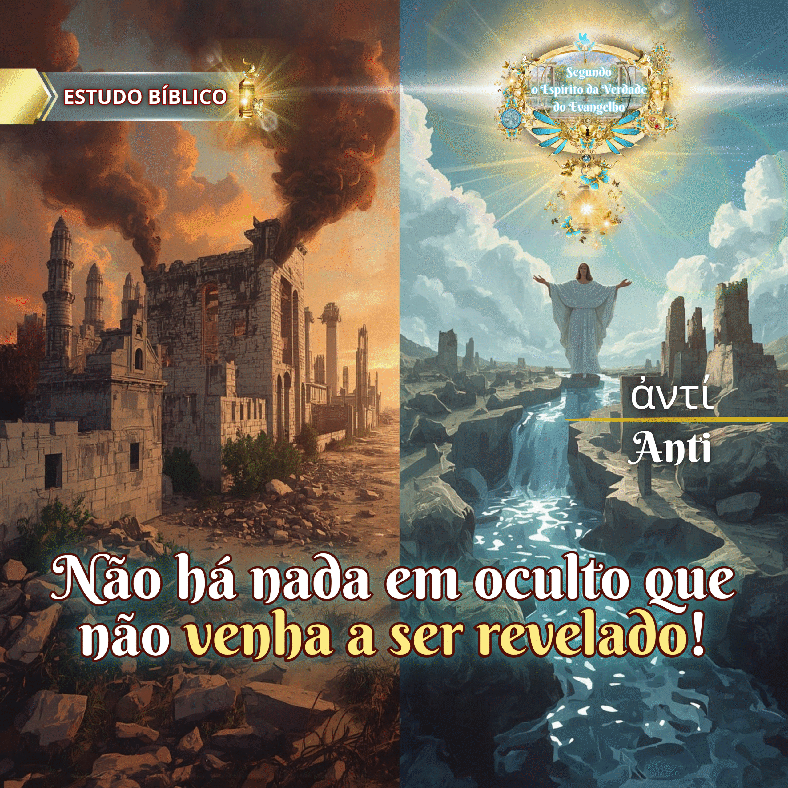 Jesus iluminado caminha sobre um rio entre ruínas antigas e uma paisagem verdejante, representando a revelação divina sobre o que está oculto, com destaque para as palavras "Anti" e "ἀντί".