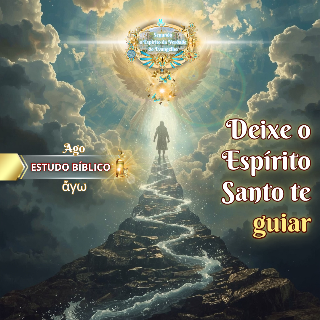 Homem caminhando sobre pedras em direção à luz celestial entre as nuvens, com os dizeres “Deixe o Espírito Santo te guiar” e a referência bíblica Gálatas 5:18.