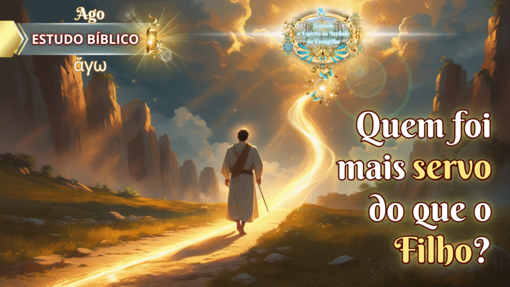 Homem caminha por um caminho dourado que sobe até os céus, rodeado por montanhas e luz celestial, sob a inscrição "Quem foi mais servo do que o Filho?", representando o sacrifício e a humildade de Cristo.