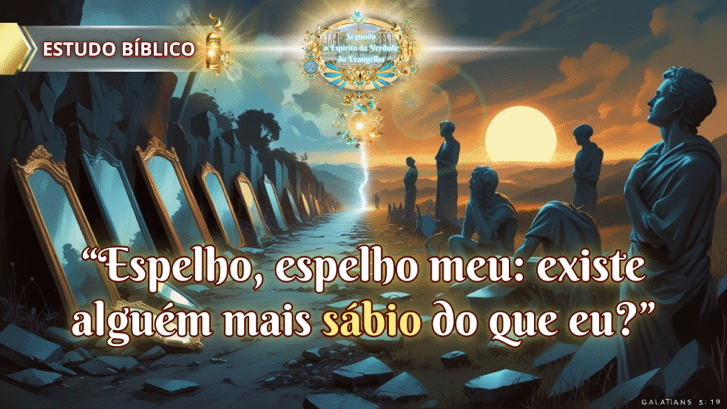 Estátuas humanas e espelhos partidos ao entardecer em um caminho dividido, com a pergunta "Espelho, espelho meu: existe alguém mais sábio do que eu?" e a referência bíblica Gálatas 5:19.