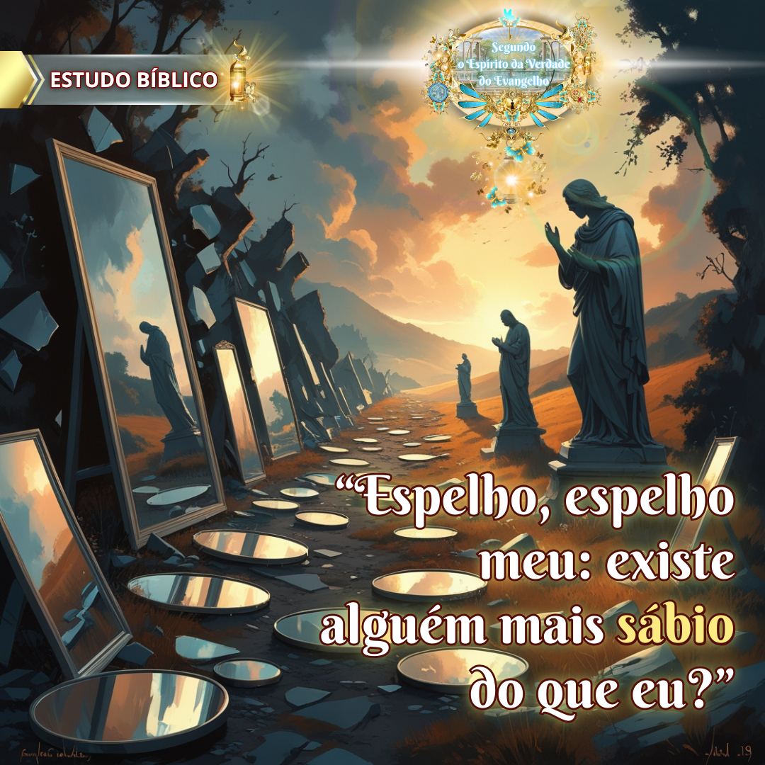 Estátuas humanas e espelhos partidos ao entardecer em um caminho dividido, com a pergunta "Espelho, espelho meu: existe alguém mais sábio do que eu?" e a referência bíblica Gálatas 5:19.