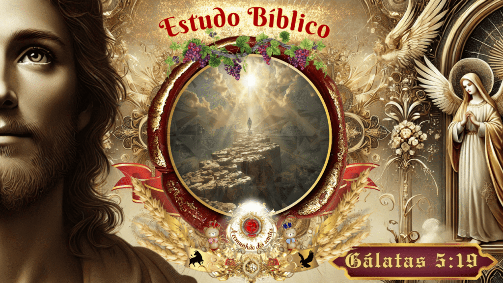 Imagem de estudo bíblico com representação simbólica de um caminho de pedras em direção à luz divina, cercado por elementos celestiais e com destaque ao versículo Gálatas 5:19.