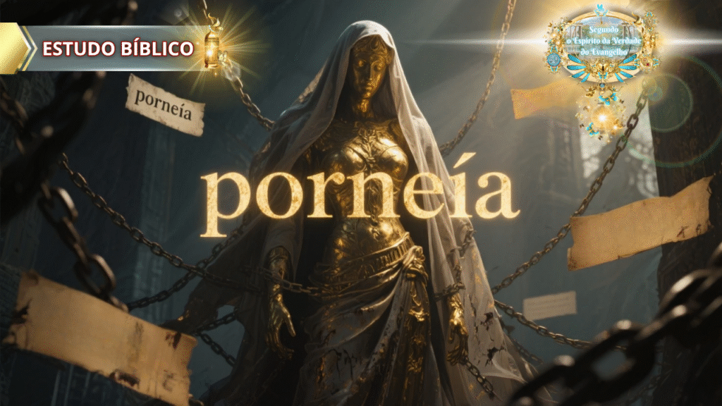 Imagem simbólica representando a palavra grega "porneía", com figura dourada acorrentada, refletindo a escravidão espiritual da imoralidade, conforme Gálatas 5:19, em estudo bíblico cristão da Deus e Nós Igreja Online.