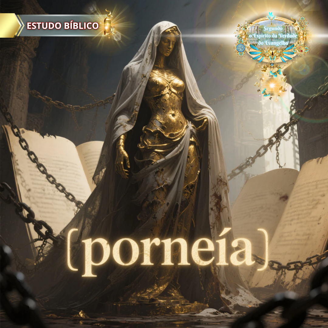 Imagem simbólica representando a palavra grega "porneía", com figura dourada acorrentada, refletindo a escravidão espiritual da imoralidade, conforme Gálatas 5:19, em estudo bíblico cristão da Deus e Nós Igreja Online.