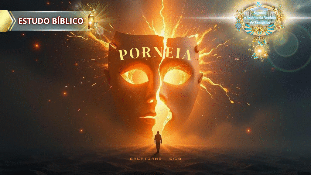 Imagem simbólica com uma máscara partida ao meio, iluminada por uma rachadura ardente com a palavra "PORNEIA" escrita acima, representando a denúncia do pecado conforme Gálatas 5:19.