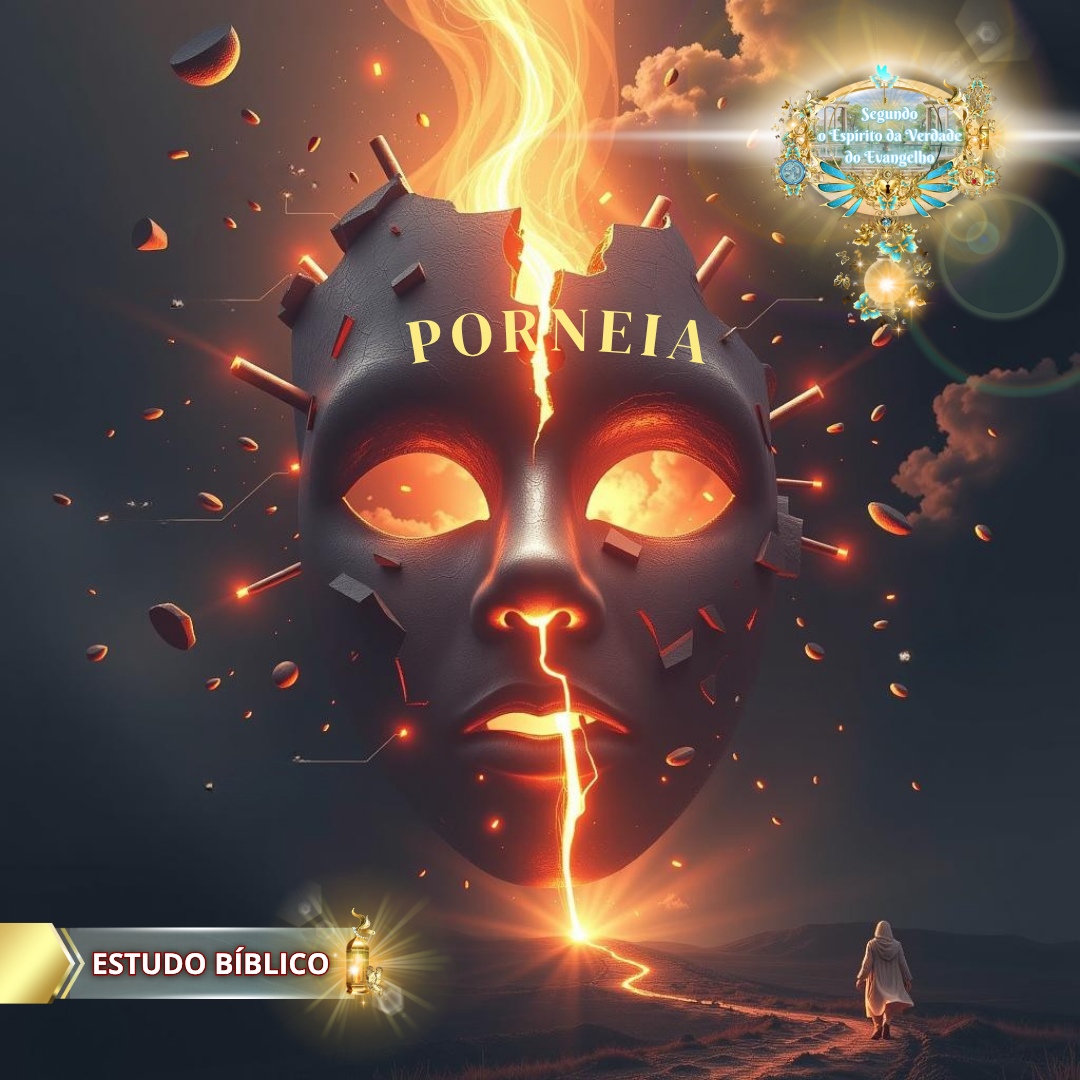Imagem simbólica com uma máscara partida ao meio, iluminada por uma rachadura ardente com a palavra "PORNEIA" escrita acima, representando a denúncia do pecado conforme Gálatas 5:19.