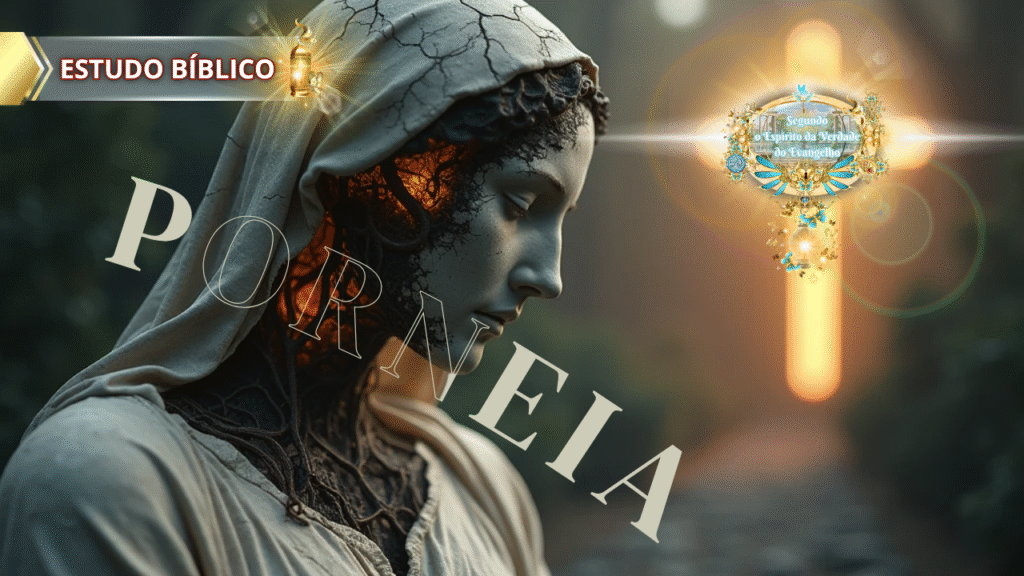 Imagem simbólica de uma mulher com aparência de estátua danificada, com raízes e rachaduras, representando "porneía" à luz de Gálatas 5:19, com um fundo de cruz iluminada.