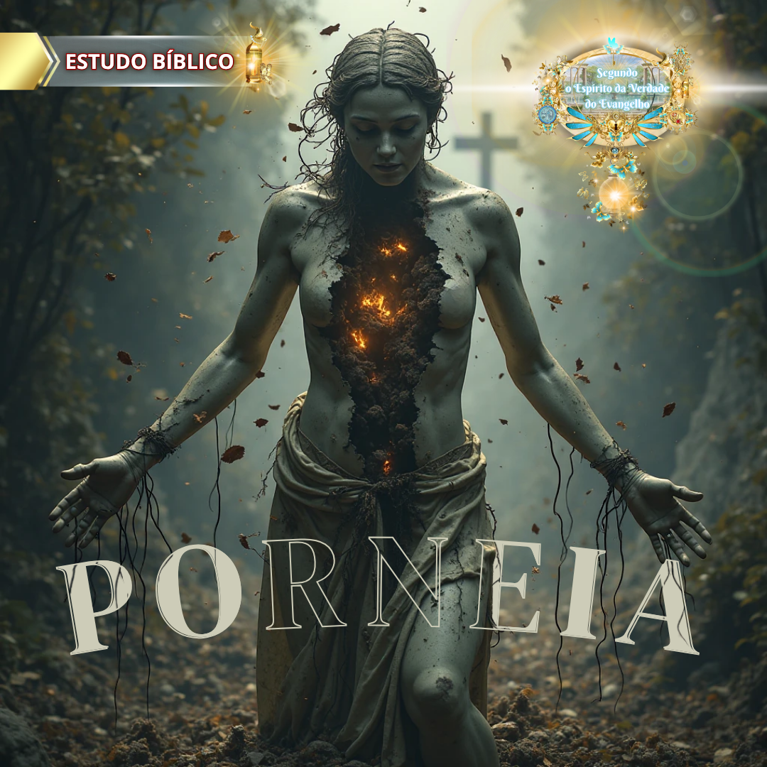 Imagem simbólica de uma mulher com aparência de estátua danificada, com raízes e rachaduras, representando "porneía" à luz de Gálatas 5:19, com um fundo de cruz iluminada.
